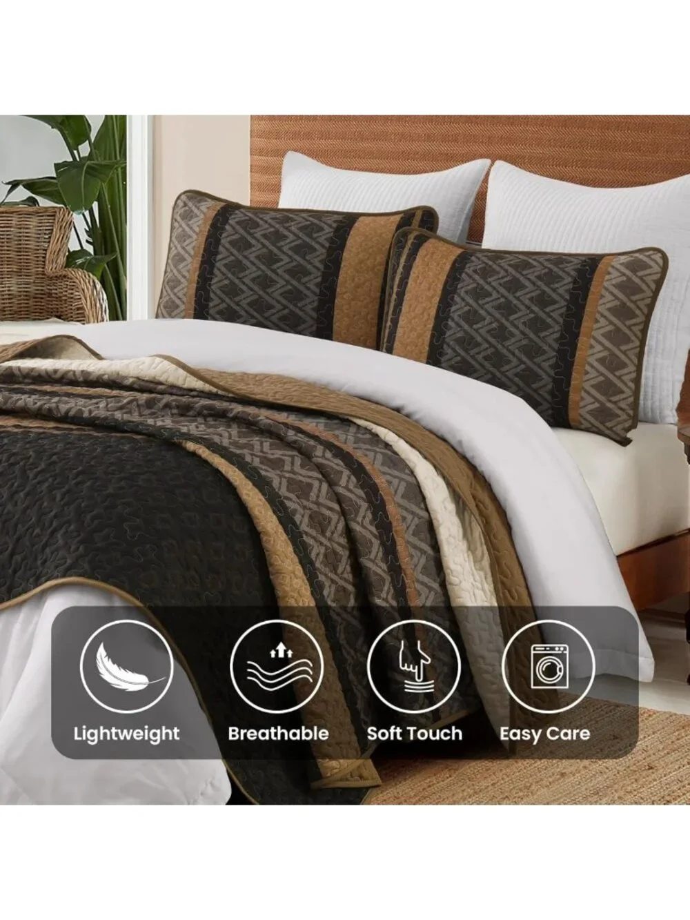 Boho King Size Quilt Set - Soft 3-Piece Striped Bedding, Lightweight Fall